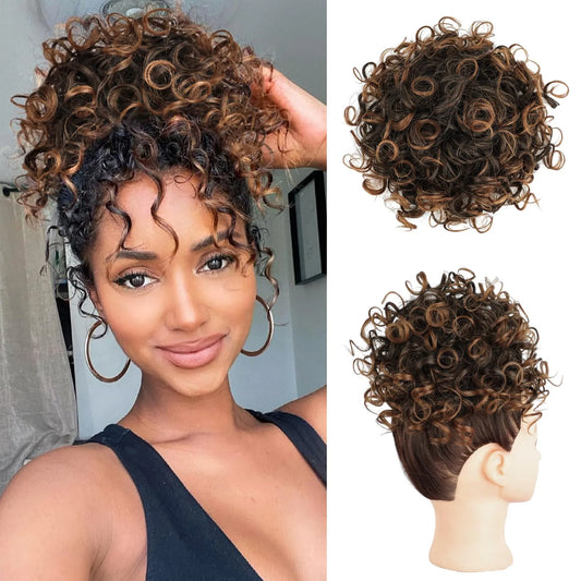 Loose Wave Curly Hair Bun Extension - Synthetic Messy Bun Hair Piece 60g - Elastic Drawstring for Women, Dark Brown
