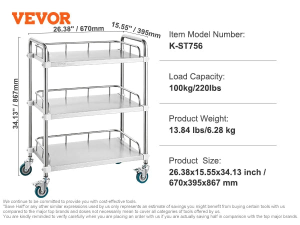 VEVOR 2-Shelf Stainless Steel Rolling Lab Cart – Utility & Serving Cart for Clinic, Laboratory, Hospital & Salon