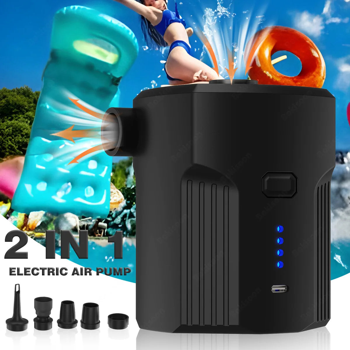 Portable Electric Air Pump for Inflatables with 5 Nozzles – Fast Inflation for Air Mattresses, Boats, Pool Floats, Camping Gear & Cushions