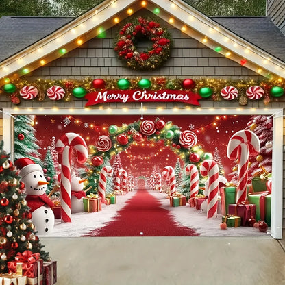 Charming Farmhouse Christmas Garage Door Banner – Snowman, Candy Cane & Tree Design, No Power Needed