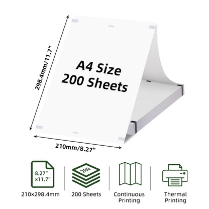 A4 Thermal Printing Paper - 200 Sheets Portable Printer Paper Roll-Free Foldable Paper 210x298mm