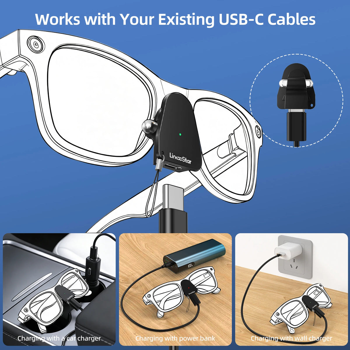 USB-C Charging Adapter for Ray-Ban Meta Smart Glasses Gen 1 & 2 - Charger Connector for Wayfarer, Headliner, Skyler and Oakley Glasses