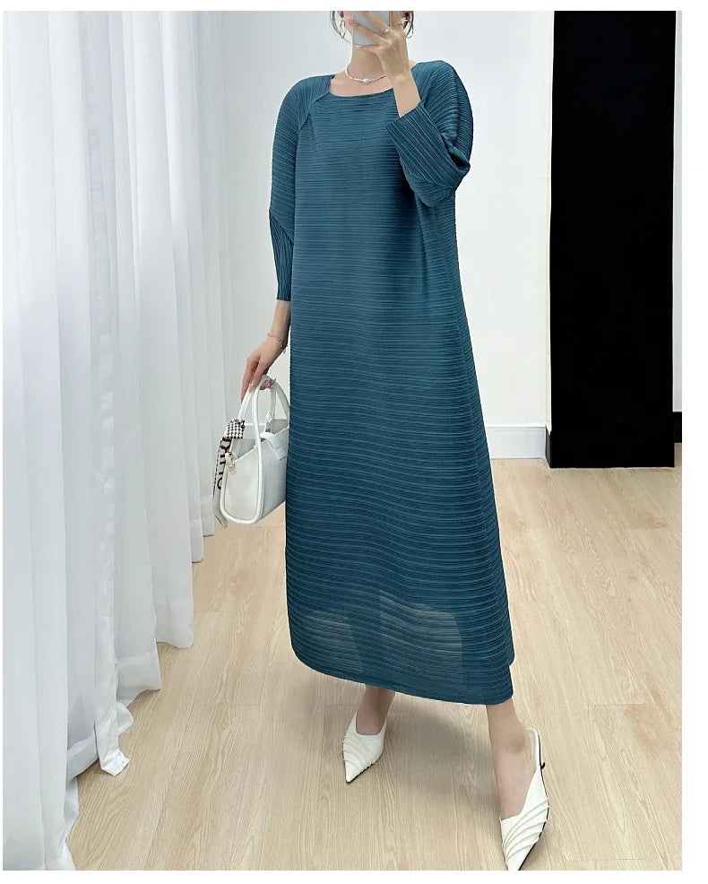 2023 Women's Miyake Pleated Long Dress – Full Sleeve, Round Neck, Korean Fashion, Plus Size Summer Style