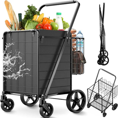Extra Large Collapsible Grocery Cart on Wheels — Heavy Duty Shopping Cart with Baskets & Waterproof Liner