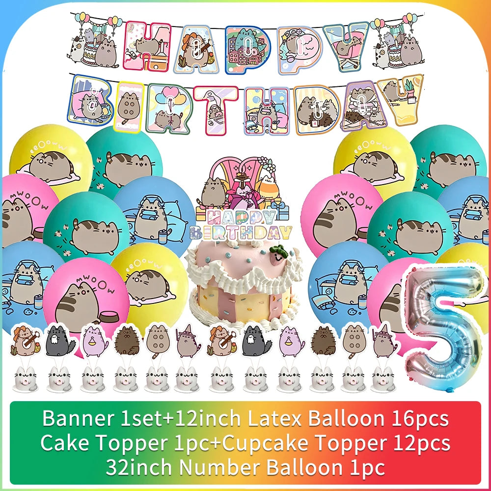 Cute Cat Birthday Party Decorations - Kawaii Balloon Set, Cake Toppers, Bunting Banner, and Party Backdrop Supplies