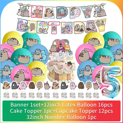 Cute Cat Birthday Party Decorations - Kawaii Balloon Set, Cake Toppers, Bunting Banner, and Party Backdrop Supplies