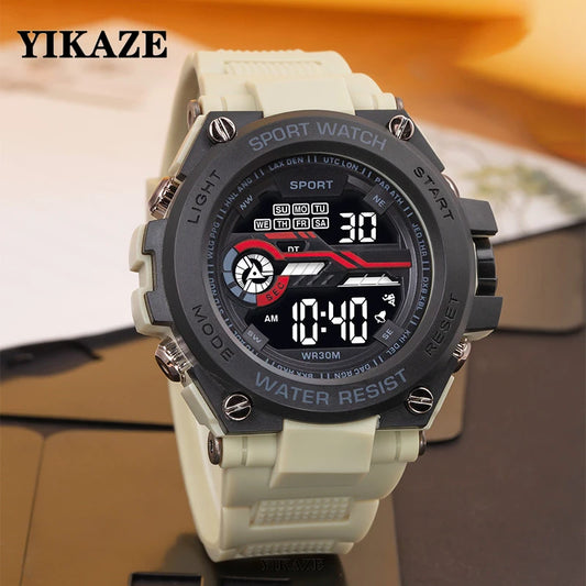 YIKAZE Men’s Waterproof Sports Watch — Multifunction LED Digital Military Watch with Alarm Clock