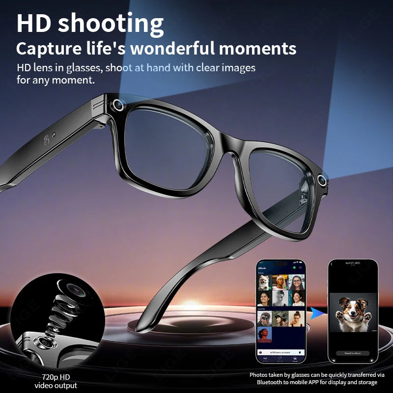 Smart AI Glasses — Video Recording, Photo Recognition, Translation, Bluetooth with 260mAh Battery, IP65 Waterproof