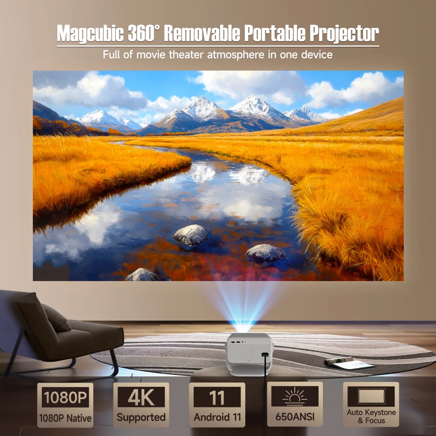 Magcubic Native 1080P 650ANSI 4K L018 Projector - 360° Auto Keystone Focus, Wifi6, BT5.2, Air Mouse, Portable Outdoor