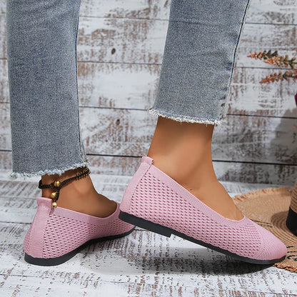 Women’s Pointed Toe Flat Shoes – Solid Color Knitted Slip-On Ballet Loafers, Casual & Breathable Ladies Shoes