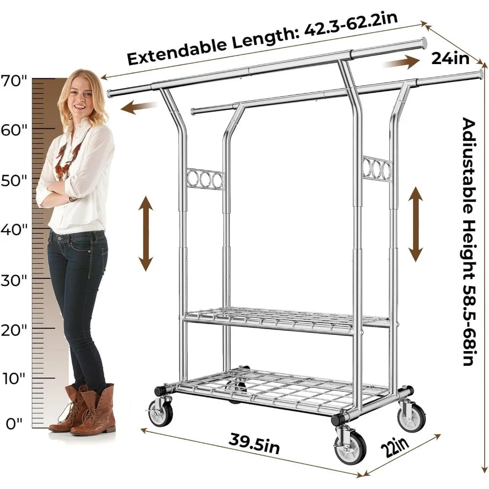 Rolling Double Rod Clothing Rack with Shelves – Heavy Duty Coat Rack for Hanging Clothes, 620LBS Load Capacity