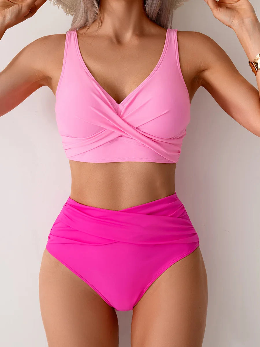 VigoBreviya 2025 Sexy Solid Strapped Bikini Set – Cross Push-Up, High Waist Brazilian Swimsuit for Women, Beach & Bath Wear