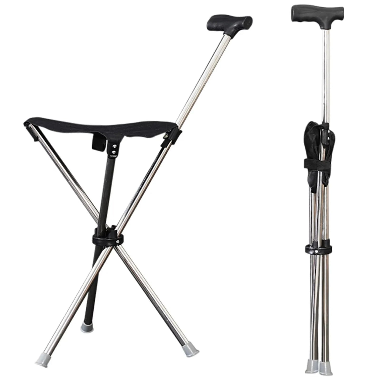 Adjustable Cane with Portable Folding Seat — Lightweight Walking Stick with Non-Slip Handle for Outdoor Use