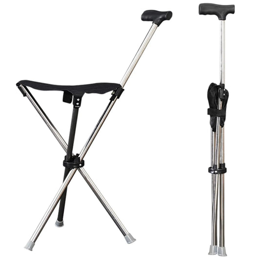 Adjustable Cane with Portable Folding Seat — Lightweight Walking Stick with Non-Slip Handle for Outdoor Use