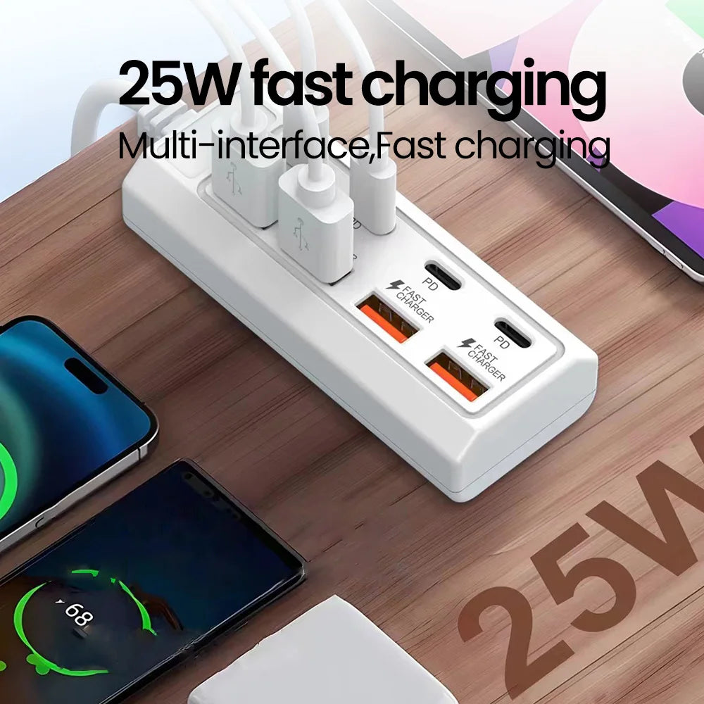 8-in-1 USB Power Outlet Adapter - 25W Fast Charging Docking Station with USB Splitter & Extension Socket