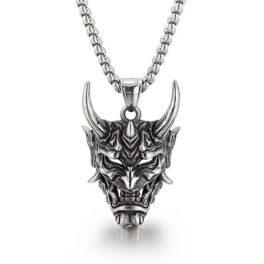 Vintage Punk Demon Mask Samurai Ghost Pendant Necklace — Unisex Long Chain Hip Hop Rock Jewelry, Party Gift Accessory