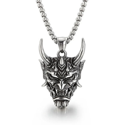 Vintage Punk Demon Mask Samurai Ghost Pendant Necklace — Unisex Long Chain Hip Hop Rock Jewelry, Party Gift Accessory