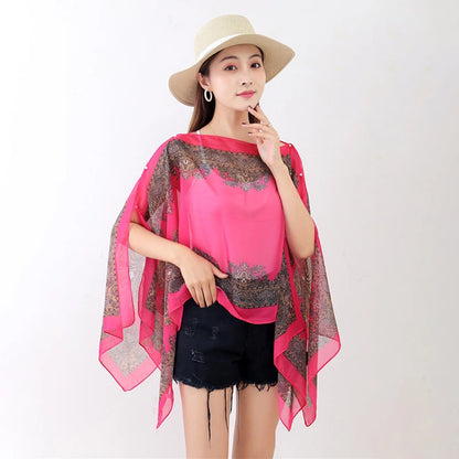 Women’s Summer Beach Shawl – Loose Chiffon Bikini Cover-Up Blouse with Buttons Sun Protection Scarf