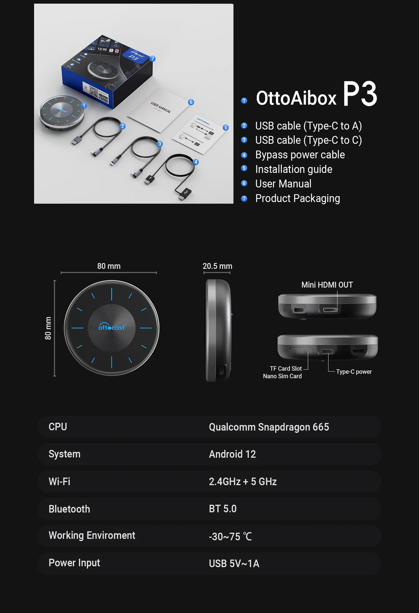 OttoAIBOX P3 CarPlay AI Box — Wireless Android Auto & Mini HDMI TV Box for Toyota, Kia, Hyundai, VW Car Accessories