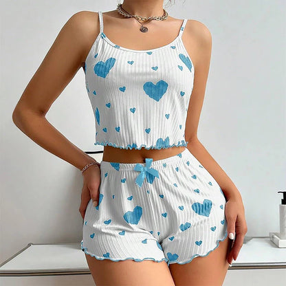 Women's 2PC Pajama Set – Soft Sleeveless Tank & Shorts | Casual Sleepwear with Love Print (S- L, White)
