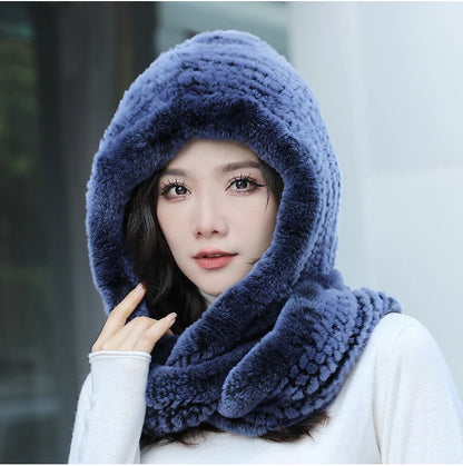 2025 Women’s Knitted Rex Rabbit Fur Hat – Hooded Scarf with Neck Collar, Long Winter Warm Fur Hat & Scarf Set