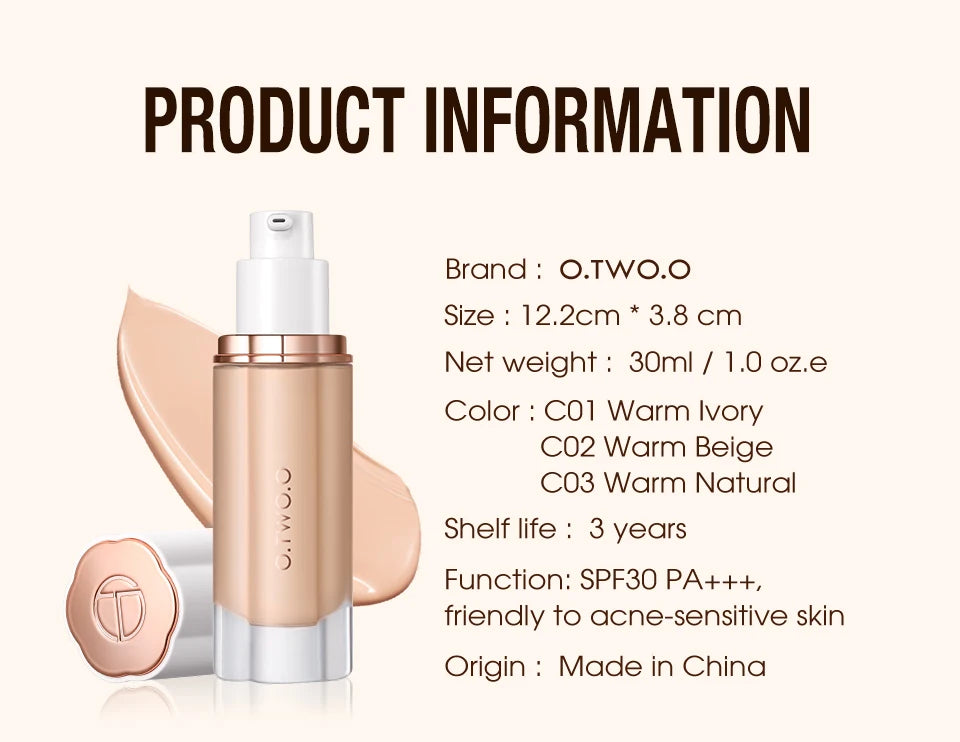 O.TWO.O Liquid Foundation Cream – 30ml High Coverage Makeup Base, SPF30 Waterproof Concealer Foundation for Face