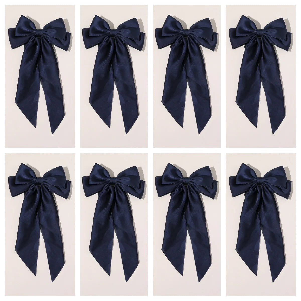 8 Ladies Satin Ribbon Bow Hair Clips – Oversized White, Pink, Red, Blue, Black Long Tail, Spring Clip for Ponytail Hair Accessories