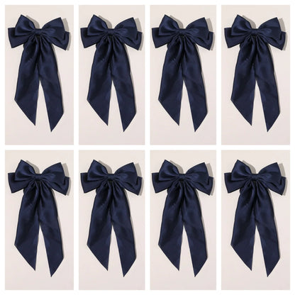 8 Ladies Satin Ribbon Bow Hair Clips – Oversized White, Pink, Red, Blue, Black Long Tail, Spring Clip for Ponytail Hair Accessories