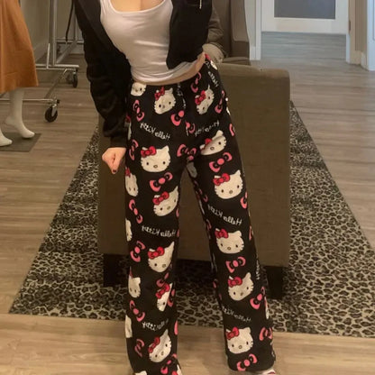 Y2K Hello Kitty Sanrio Pajama Pants – Women’s Anime Cartoon Sleepwear, Cozy Couple Home Trousers