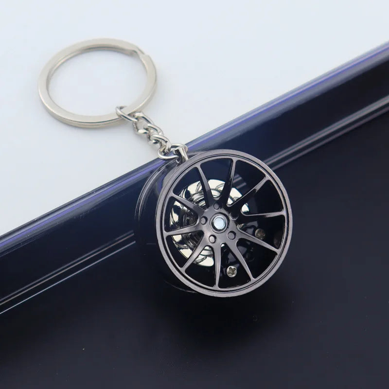 Wheel Hub Car Keychain – 3D Alloy Tire & Brake Disc Fidget Toy Keyring Pendant for Bags, Gadget Gift