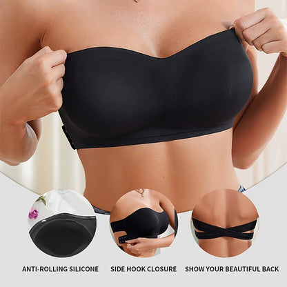 Women’s Strapless Push Up Bra – Seamless Ice Silk Removable Padded Invisible Anti-Slip Beauty Back Off Shoulder Bralette