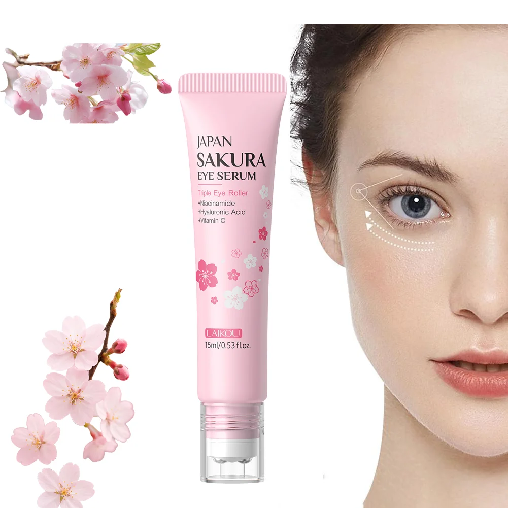 LAIKOU Sakura Eye Serum Roller — Hyaluronic Acid Moisturizing Cream for Eye Bags & Dark Circles, 15ml