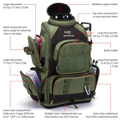 Bassdash Multifunctional Fishing Tackle Backpack - Lightweight Tactical Soft Tackle Box with Protective Rain Cover