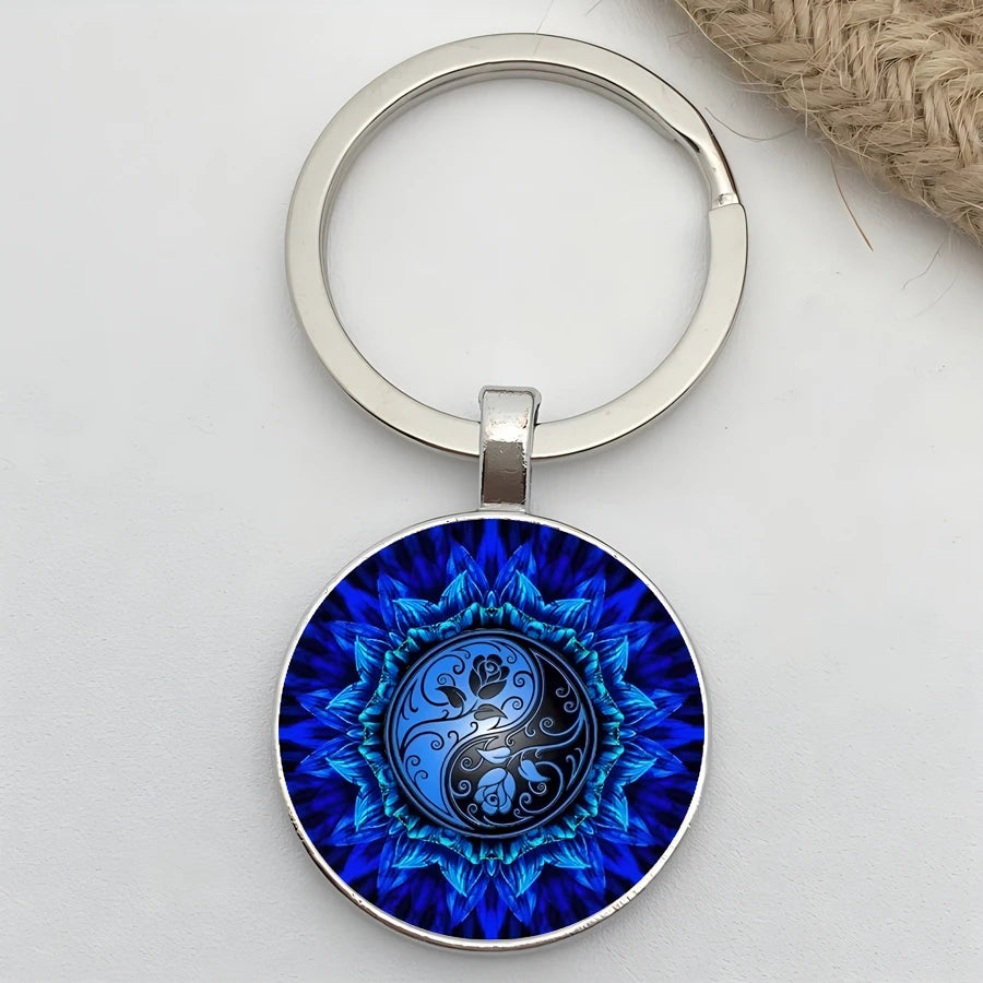 Retro Mandala Flower Yoga Keychain – Buddhist Chakra Glass Car Keyring for Men & Women Spiritual Jewelry Gift Accessory