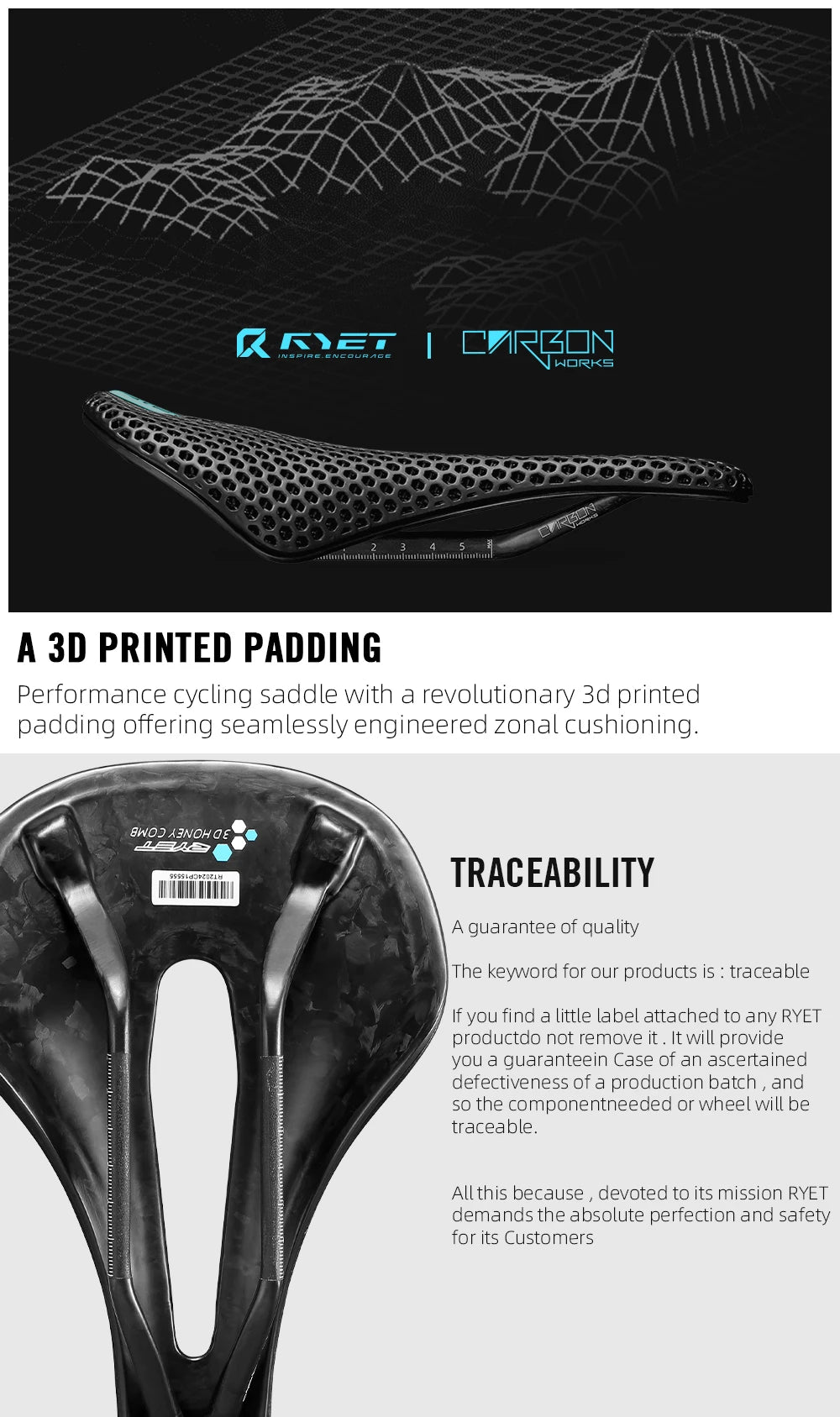 RYET 3D Printed Carbon Bike Saddle — 140/143mm Lightweight Road & MTB Cycling Seat with EVA Cushion
