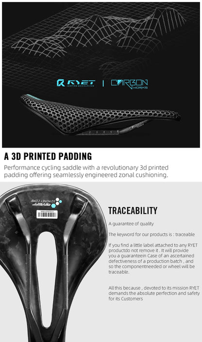 RYET 3D Printed Carbon Bike Saddle — 140/143mm Lightweight Road & MTB Cycling Seat with EVA Cushion
