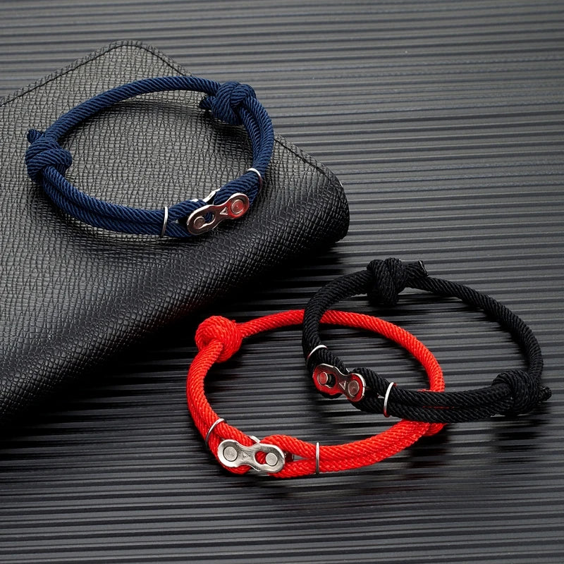 MKENDN Bicycle Chain Bracelet - Adjustable Punk Rock Nautical Rope Wristband with Magic Buckle