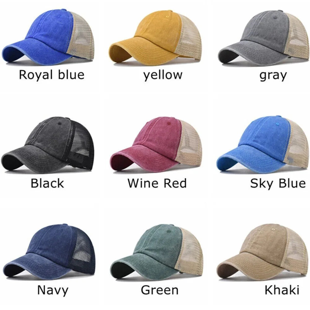 Vintage Washed Cotton Cap - Denim Mesh Baseball Hat with UV Protection for Women