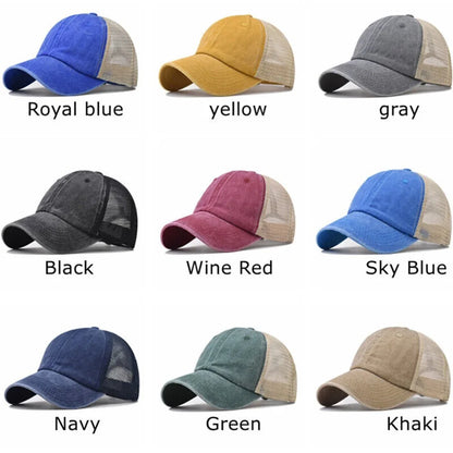 Vintage Washed Cotton Cap - Denim Mesh Baseball Hat with UV Protection for Women