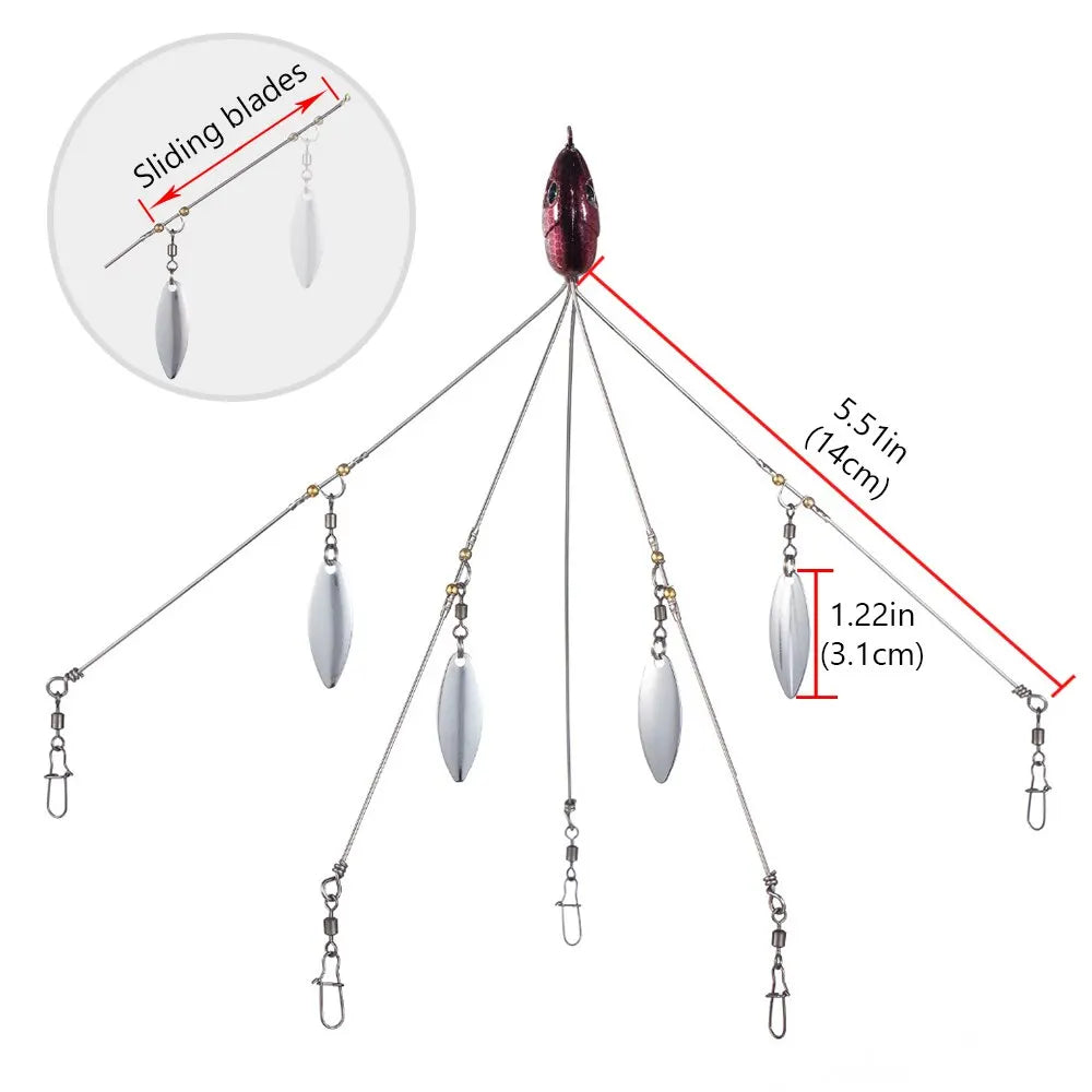 Bassdash Umbrella Fishing Lure Rig: 5-Arm Alabama Rig with Head Swimming Bait - Ideal for Bass Fishing Groups, Snap Swivel Spinner (18g)
