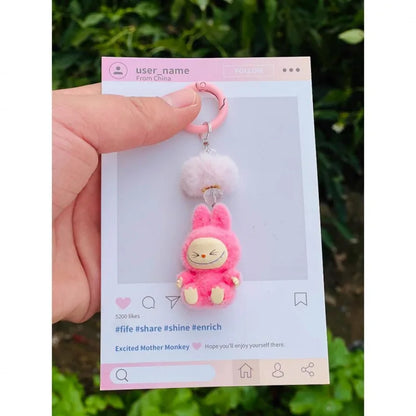 Labubu Mini Flocking Doll Keychain – Standing & Sitting Car, Bag, Phone, Backpack Charm Gift