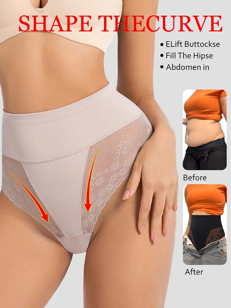 Women’s High-Waist Tummy Control Shapewear - Lace Slimming Body Shaper Briefs with Flat Belly Support and Thong Design