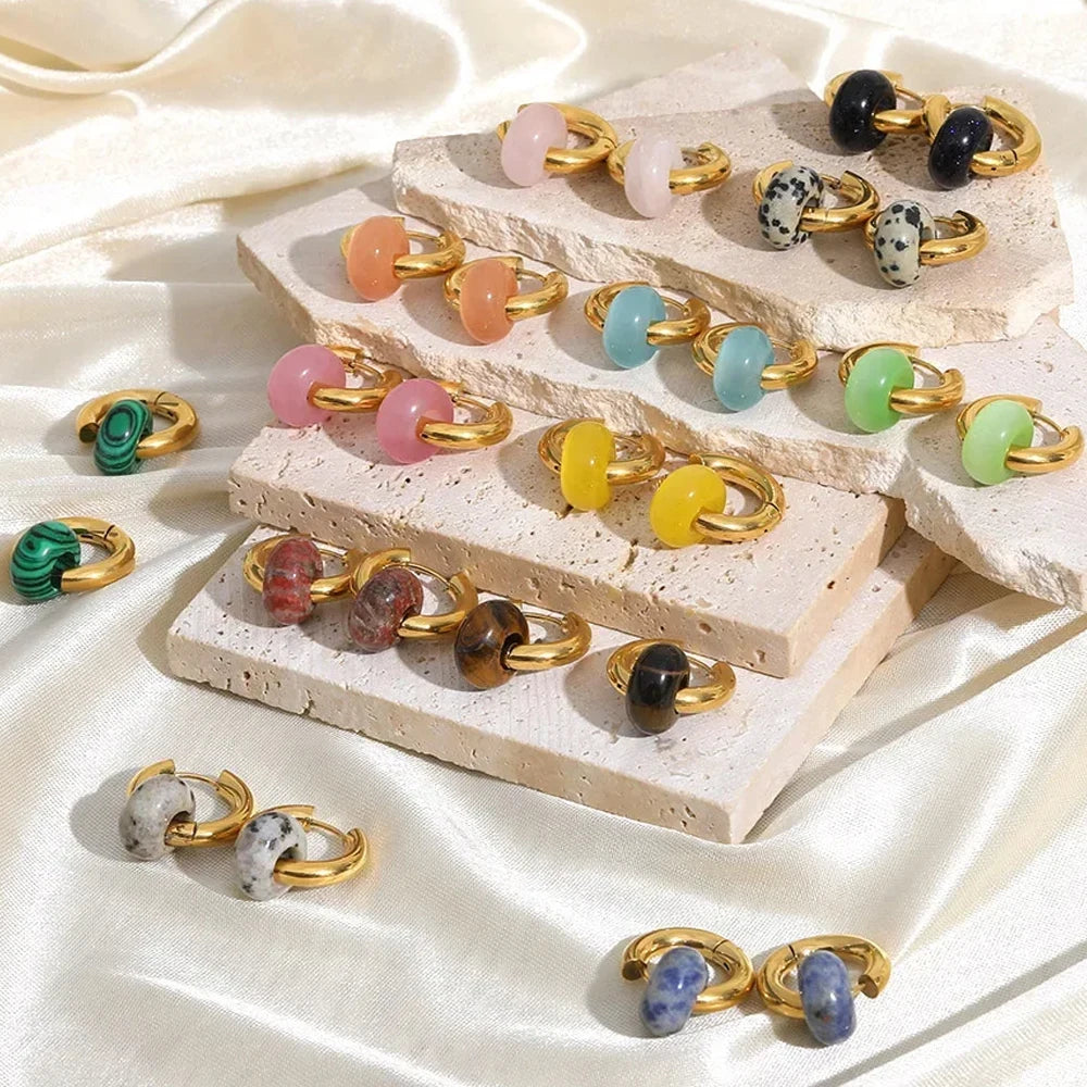 Leopard Bead Opal Stainless Steel Hoop Earrings — Gold Color, Anti-Fading Wedding & Prom Jewelry for Women, Gift Accessory