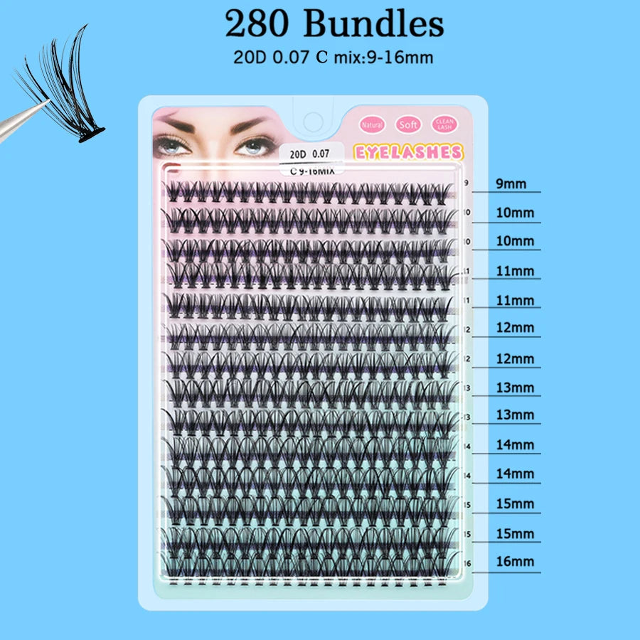 Individual Cluster Lashes – 20-100D Natural Look DIY Eyelash Extensions, 280pcs Mixed Tray Volume Lashes