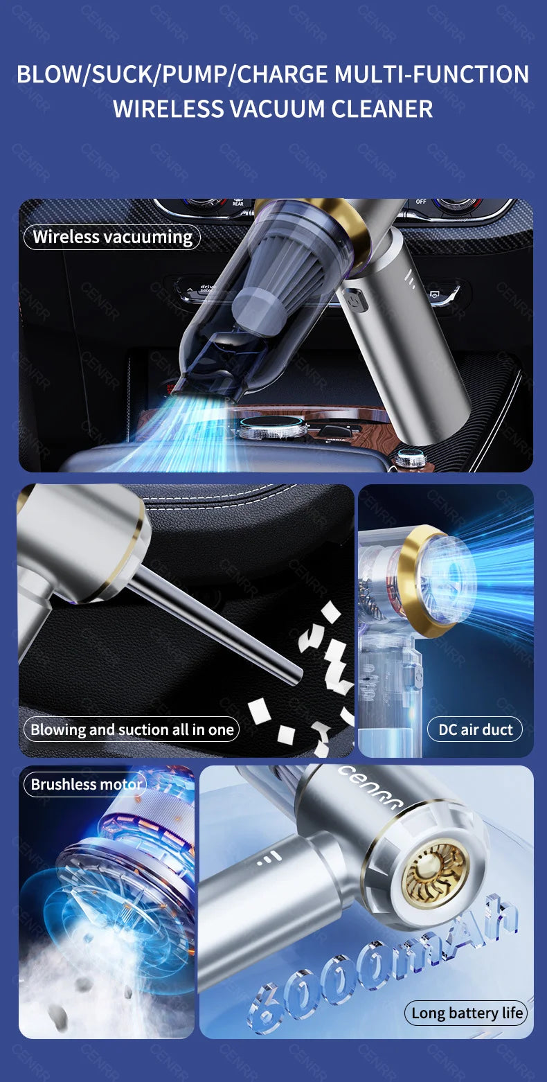 CENRR 360000PA Mini Cordless Car Vacuum Cleaner – Powerful Handheld Portable Wireless Cleaning Machine