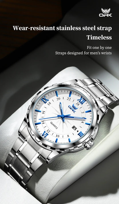 OPK Men's Quartz Watch — Steel Belt Dual Calendar Wristwatch Model 6003