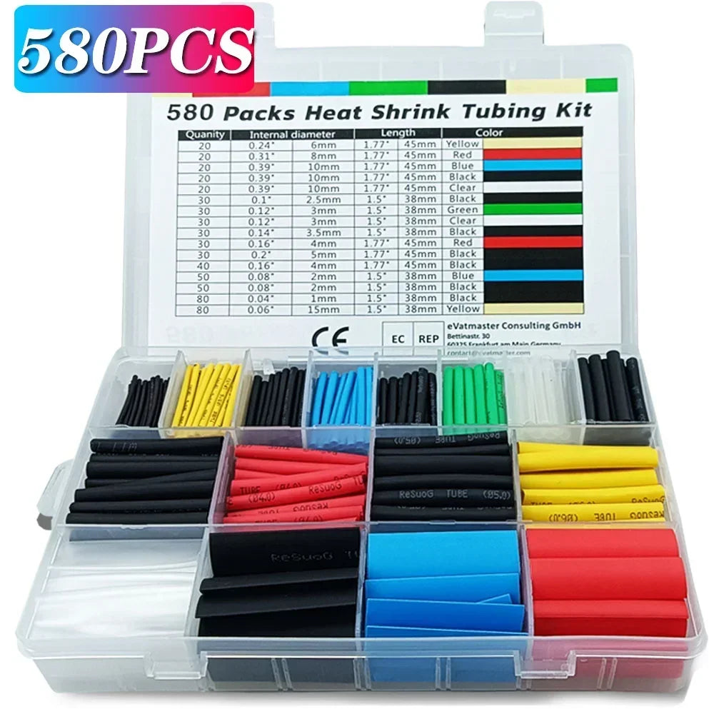 127/164/328/580Pcs Heat Shrink Tubing Kit – Shrinking Insulation Sleeving for Car Electrical Cable, Thermal Casing Wrap
