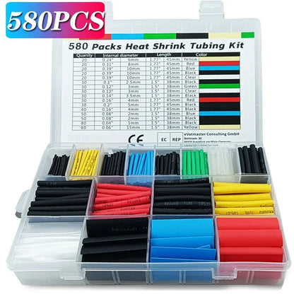 127/164/328/580Pcs Heat Shrink Tubing Kit – Shrinking Insulation Sleeving for Car Electrical Cable, Thermal Casing Wrap