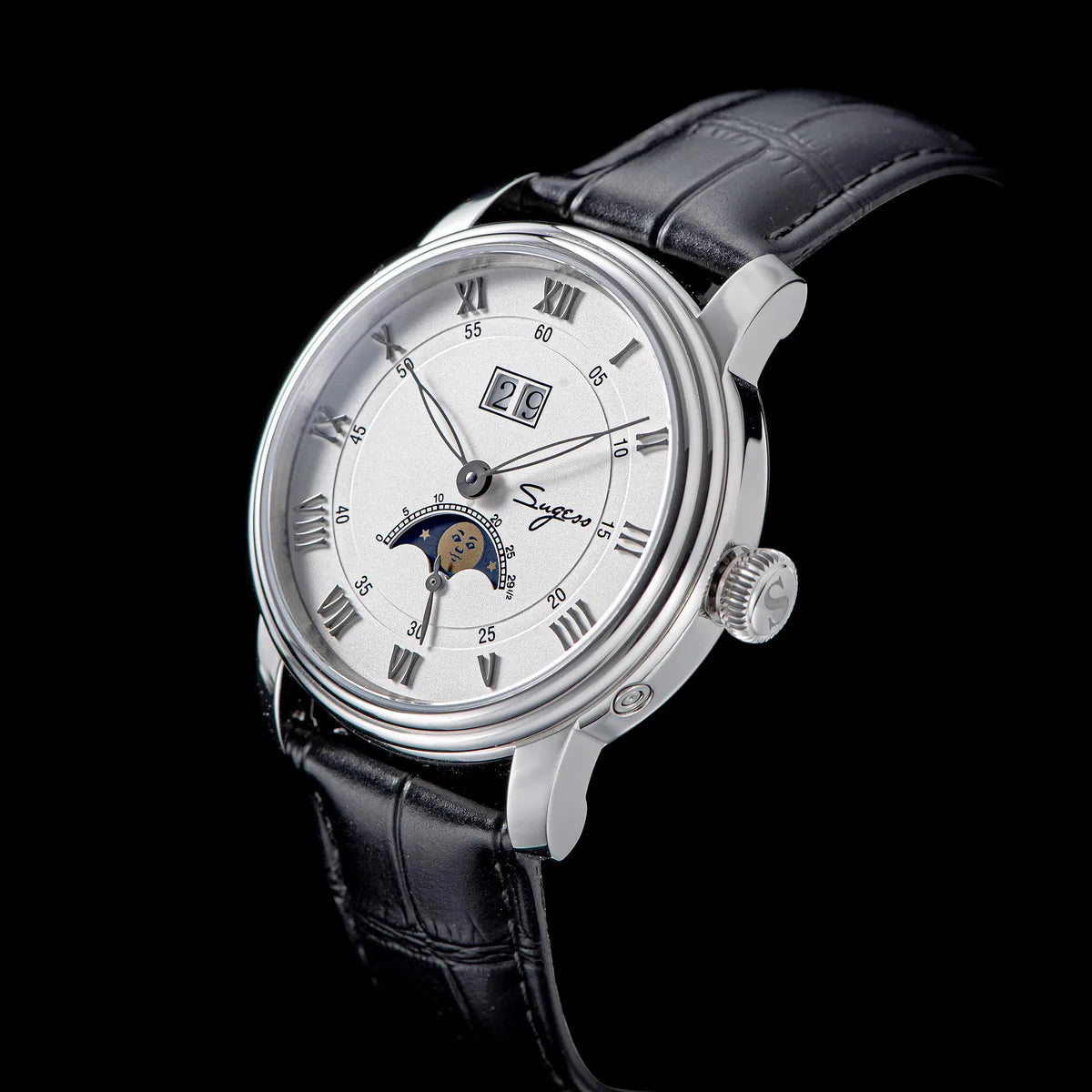 Sugess Moonphase Men’s Automatic Mechanical Watch — 40MM Stainless Steel with Seagull ST2528 Movement and Blue Sandstone Dial