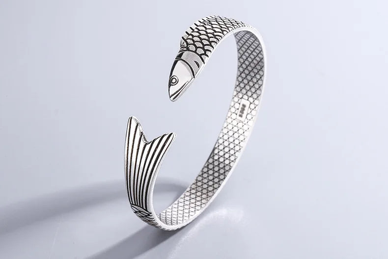 925 Sterling Silver Dragon Bracelet — Creative Lucky Fortune Fish Bangle TYB110